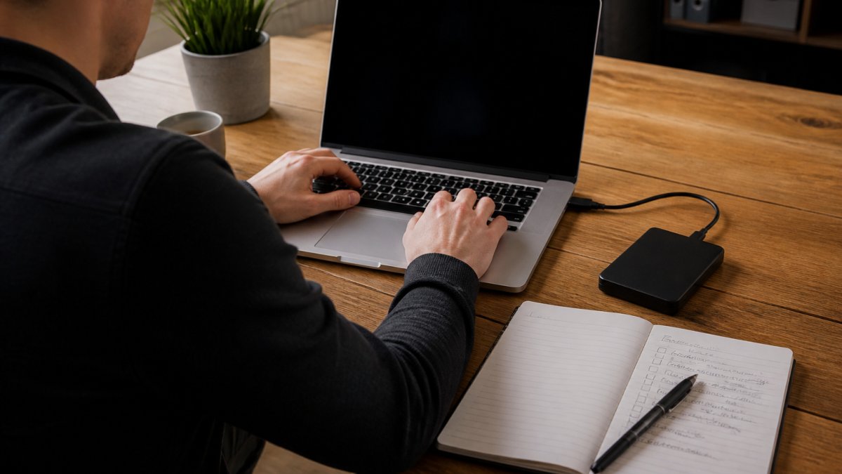 Eine Person an einem aufgeräumten Schreibtisch mit Laptop, auf dem ein Plesk-Kontrollpanel zu sehen ist, daneben eine externe Festplatte und ein Notizbuch mit handschriftlichen Backup-Notizen