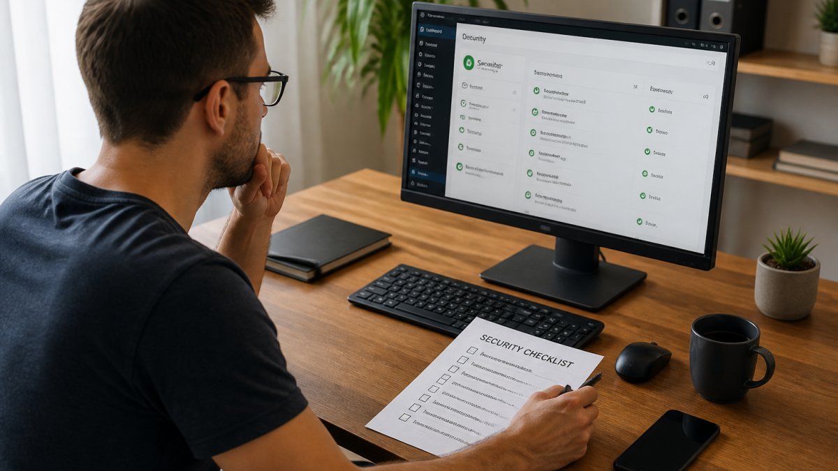 Person sitzt am Schreibtisch mit gedruckter Sicherheits-Checkliste neben einem Monitor, auf dem ein WordPress-Dashboard mit Sicherheits-Plugin zu sehen ist, natürliches Licht von links