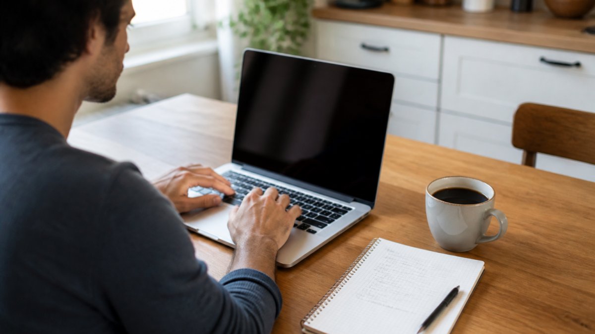 Eine Person sitzt am Küchentisch vor einem Laptop und richtet eine neue WordPress-Website ein, daneben ein Notizbuch mit handschriftlichen Schritten und eine Tasse Kaffee