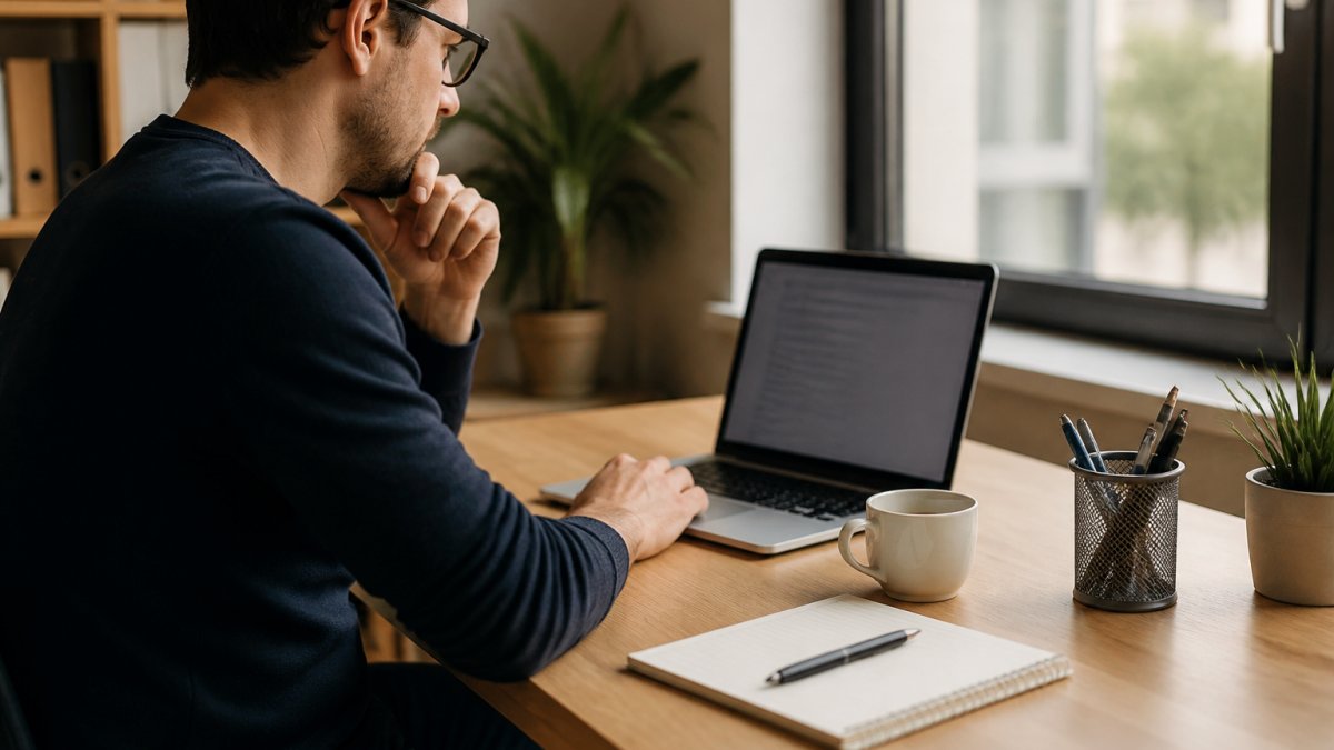 Ein Freiberufler sitzt am Schreibtisch und analysiert SEO-Metriken auf einem Laptop-Bildschirm mit Datendiagrammen und Grafiken, Notizbuch und Kaffeetasse daneben, natürliche Fensterbeleuchtung