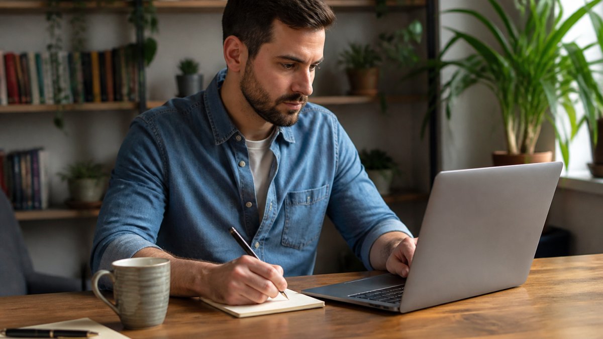 Person sitzt am Schreibtisch mit Laptop und schreibt eine E-Mail an den Kundensupport, Kaffeetasse und Notizblock daneben, konzentrierter Blick auf den Bildschirm