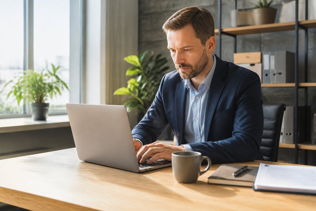 Geschäftsperson in modernem Büro, konzentriert am Laptop arbeitend, mit Kaffee und Notizbuch auf dem Schreibtisch, natürliches Licht von links