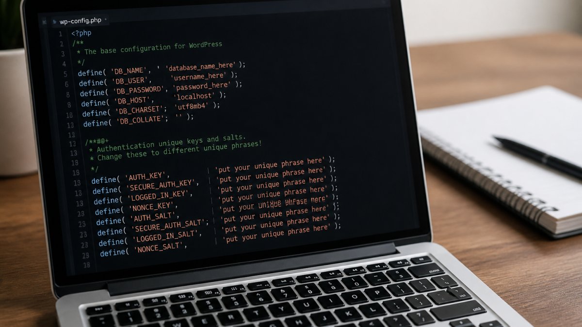 Nahaufnahme eines Laptops mit Code-Editor, der die wp-config.php Datei mit Datenbankzugangsdaten anzeigt, Tastatur und Notizblock im Hintergrund