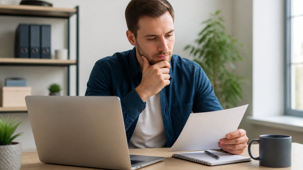 Professionelle Person sitzt am modernen Schreibtisch vor Laptop und vergleicht WordPress Hosting-Pläne mit Notizbuch und Kaffeetasse in hellem Bürolicht